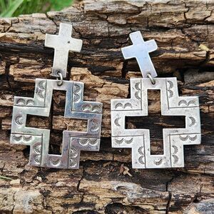 Vintage Navajo Stampwork Big LSP Signed Cross Earrings Sterling Silver